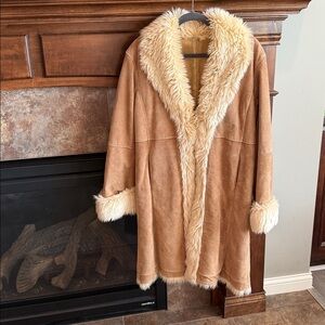 Wilsons Leather tan suede leather faux fur trim midi length Penny Lane jacket L